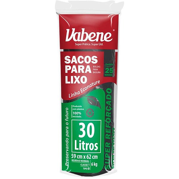 Saco para Lixo 30L Preto 59X62CM 35 Micras Rolo com 25