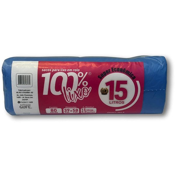 Saco para Lixo 15L Azul 39X58CM – 15 Micras, Rolo com 80 Unidades