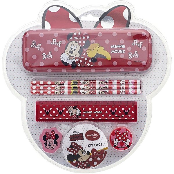 Kit Escolar Minnie 7 Peças com Estojo Metálico