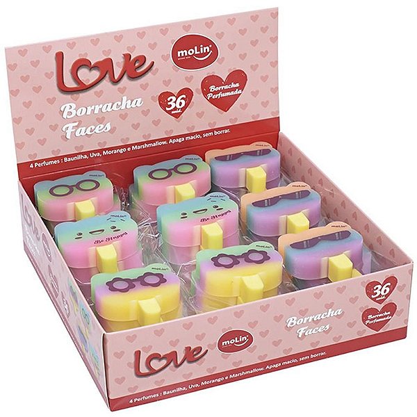 Borracha Colorida Love Faces - 4 Modelos com Perfume - Display com 36