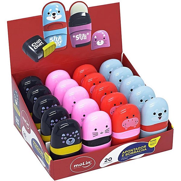 Borracha Colorida Faces 4 Cores com Apontador - Display com 20 Unidades