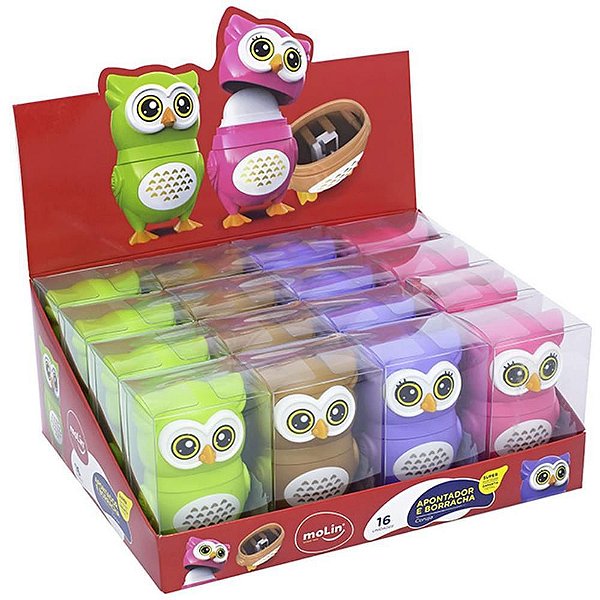 Apontador e Borracha Coruja 2 em 1 - 4 Cores Sortidas - Display com 16 Unidades