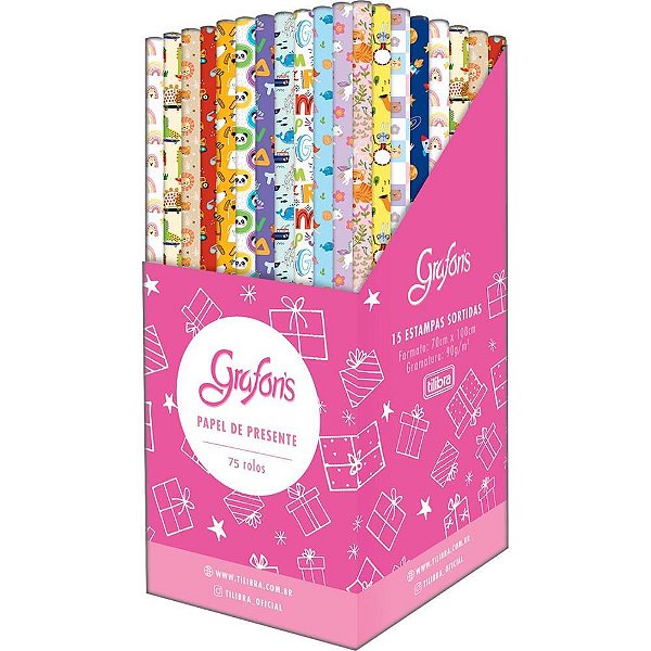 Papel de Presente Infantil 100X70CM - Display com 75 Rolos