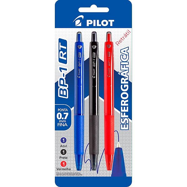 Caneta Esferográfica BP-1 Retrátil 0.7 AZUL/PRETA/VERMELHA Blister com 03 - Pilot