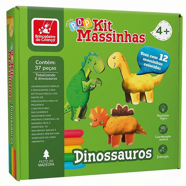 Massa para Modelar Criativa Dinossauros KIT 12 Cores + 6 Dinossauros de Madeira