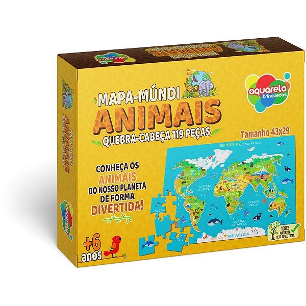 QUEBRA-CABEÇA Madeira Mapa Mundi Animais 119 Peças