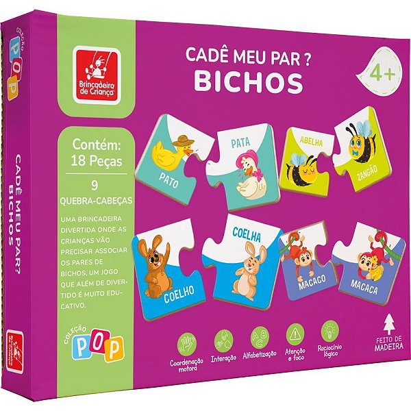 QUEBRA-CABEÇA Madeira Cade Meu PAR? Bichos 18 Peças