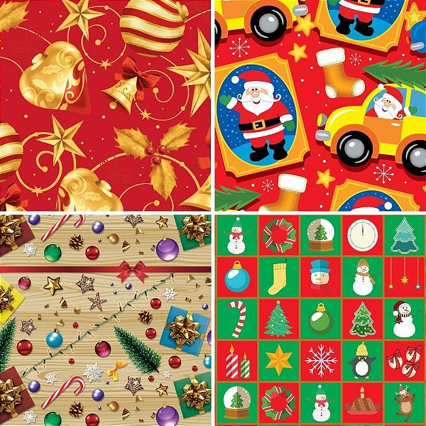 40 Papel de Presente 50X60CM Couché Fantasia Natal 4 Modelos Pacote com 40