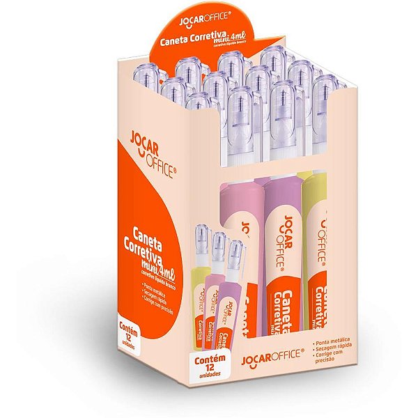 Caneta Corretiva Jocar Office 4ML Corpo Colorido – Display com 12 Unidades