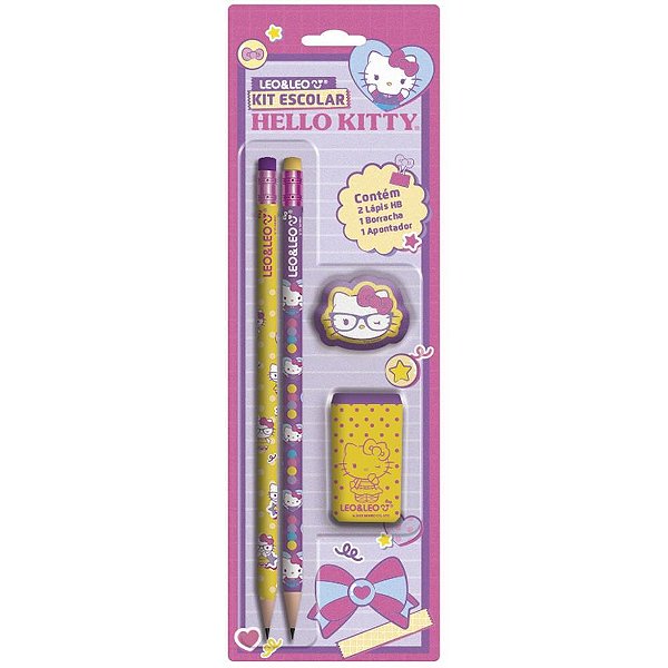 Kit Escolar Hello KITTY com 4 Peças – Lápis, Apontador e Borracha