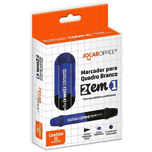 Pincel para Quadro Branco Jocar 2 em 1 PRETO/AZUL – Caixa com 12 Unidades