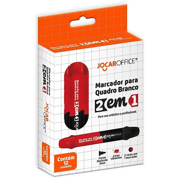 Pincel para Quadro Branco Jocar 2 em 1 PRETO/VERMELHO – Caixa com 12 Unidades