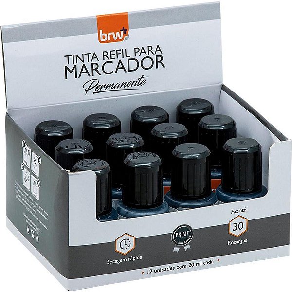 Tinta Marcador Quadro Branco Refil Permanente Preto 20ML Caixa com 12 Unidades