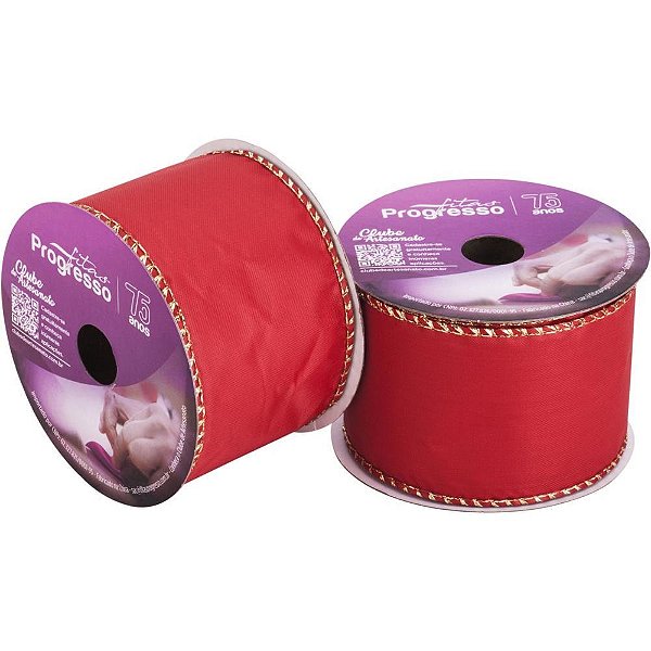 Fita ARAMADA Natal 63 MM X 10 Metros Cetim Vermelho e Dourado