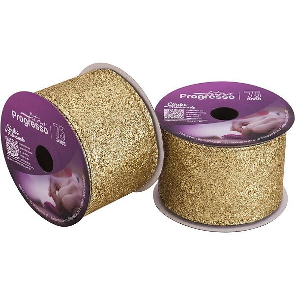 Fita ARAMADA Natal Metalizada com Glitter Dourado 63MM X 10M