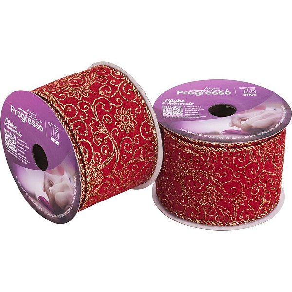 Fita ARAMADA Natal Veludo Vermelho com Arabesco 63MM X 10M