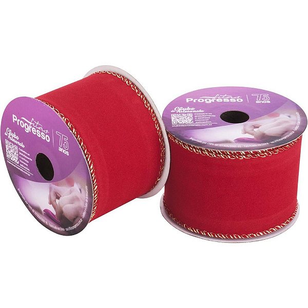 Fita ARAMADA Natal Veludo Vermelho com Ouro 63MM X 10M