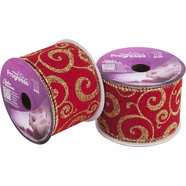 Fita ARAMADA Natal Veludo Vermelho com Arabesco 63MM X 10M 1