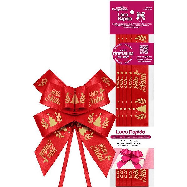 Laço Pronto Decorado 22MM X 44CM Cetim "feliz Natal" Vermelho - Pacote com 5
