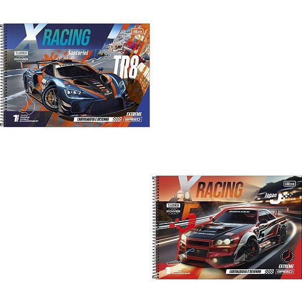 Caderno Desenho Universitário Capa Dura X-RACING 80 Folhas Espiral Pacote com 04
