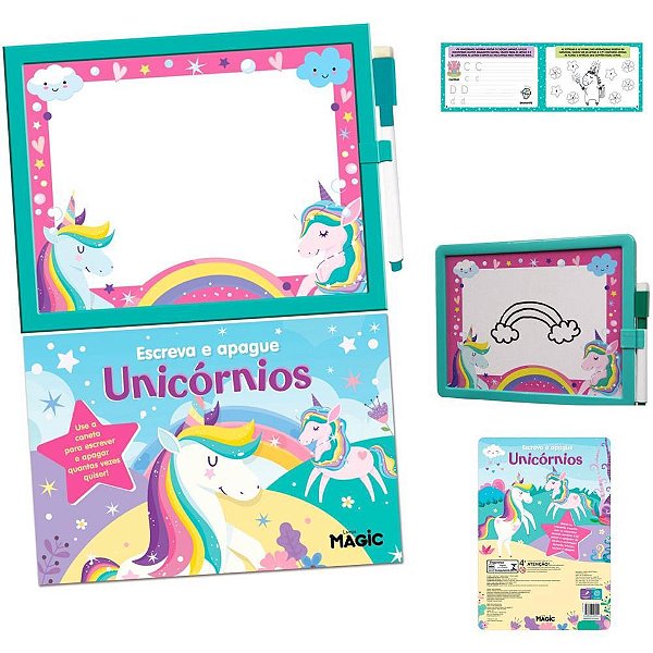 Livro Brinquedo Ilustrado Lousa ESCREVE e APAGA Unicórnio