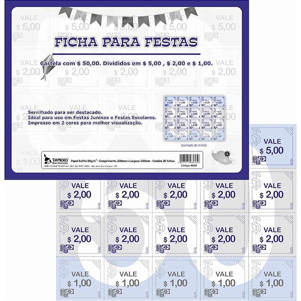 Impresso Talão Ficha para Festa Valor R$ 50,00 – 20 Folhas, Pacote com 5 Unidades