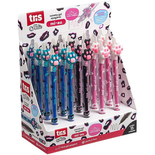 Caneta GEL Apagável TRIS MI-AU Azul e Preta Retrátil com Topper Display com 15 Unidades