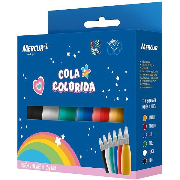 Cola Colorida 6 Cores Mágicas com Bico de Precisão Estojo com 6 Frascos de 25G