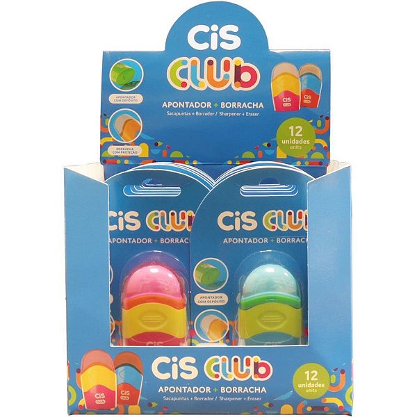 Apontador com Depósito CIS CLUB com Borracha – Cores Sortidas Pote com 24 Unidades