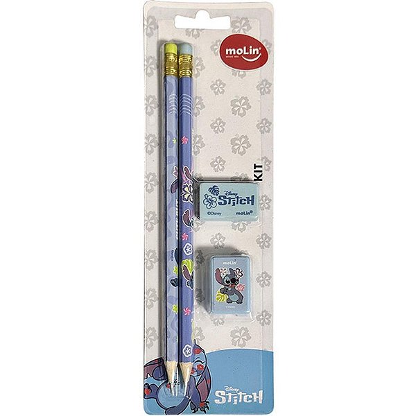 Kit Escolar STITCH com 2 Lápis, Borracha e Apontador – Molin com 4 Produtos