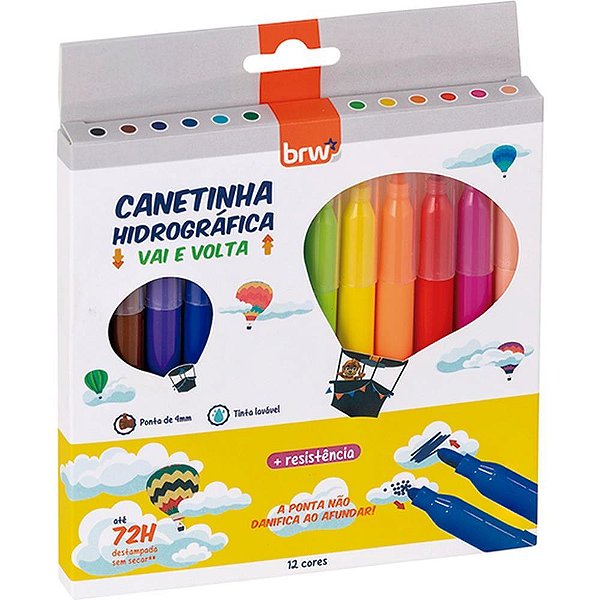 Caneta Hidrográfica Vai e Volta 4MM BRW 12 Cores - Caixa com 12 Unidades
