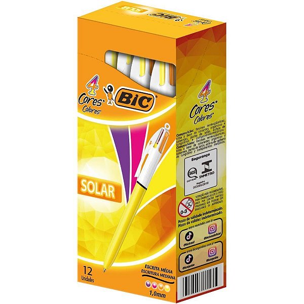Caneta Esferográfica BIC 4 Cores Solar Fashion - Caixa com 12 Unidades