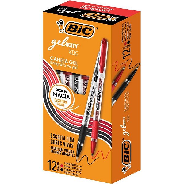 Caneta GEL BIC Gelocity Preto e Vermelho Caixa com 12 Unidades