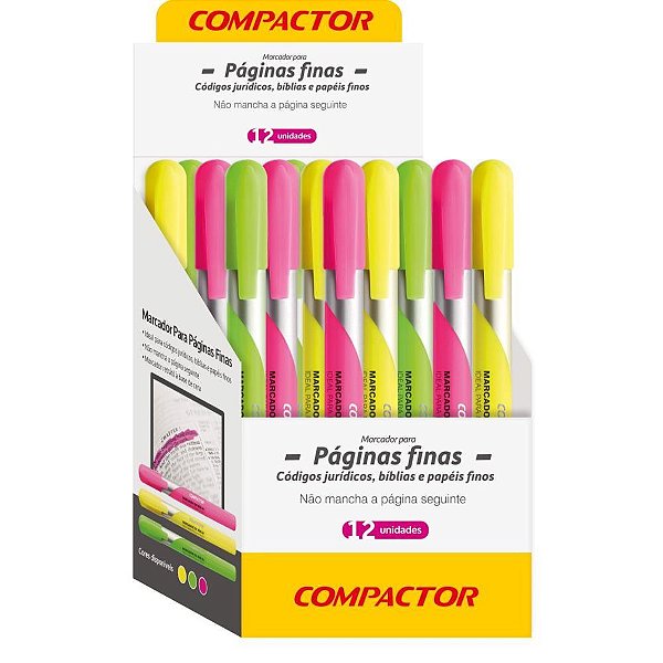 Caneta Marca Texto para Páginas Finas Verde, Rosa e Amarelo Display com 12