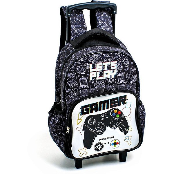 Mochila Infantil com Rodinha Gamer com Bolso Frontal Médio Preta