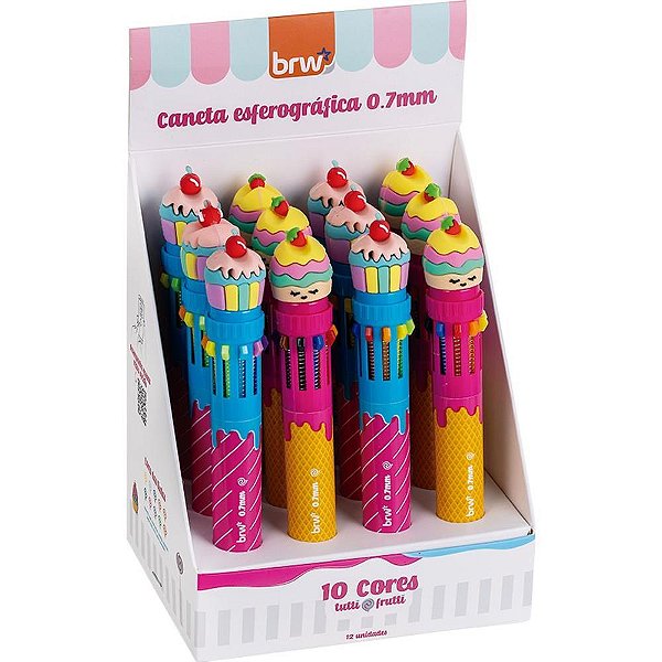 Caneta Esferográfica Divert Tutti Frutti 0.7MM 10 Cores - Display com 12 Unidades