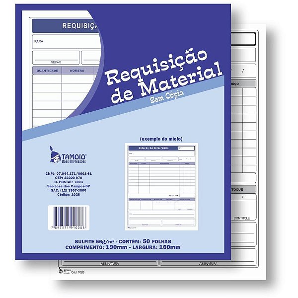 Impresso Requisição de Material Grande 50 Folhas 160X190MM Pacote com 10 Unidades