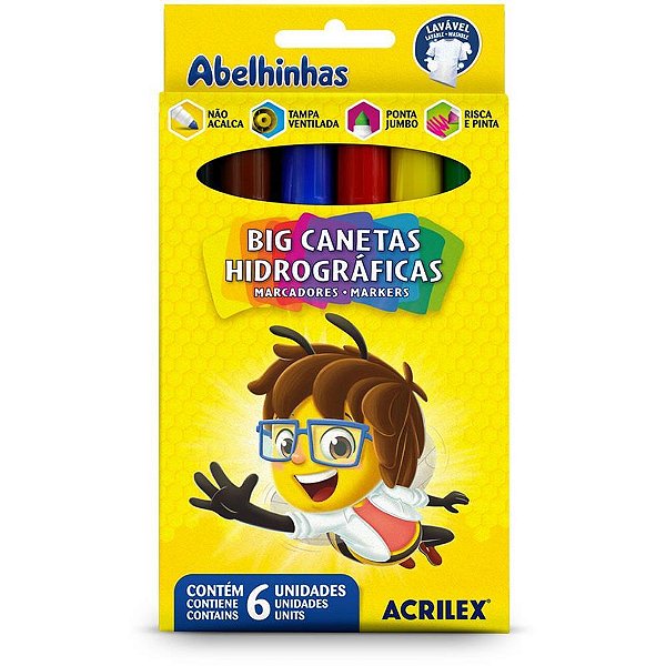 Caneta Hidrográfica Jumbo BIG 6 Cores - Pacote com 6 Unidades