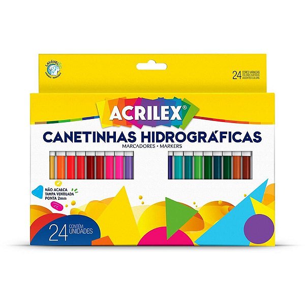 Caneta Hidrográfica Ponta 2MM 24 Cores com Tampa Ventilada - Pacote com 12 Unidades