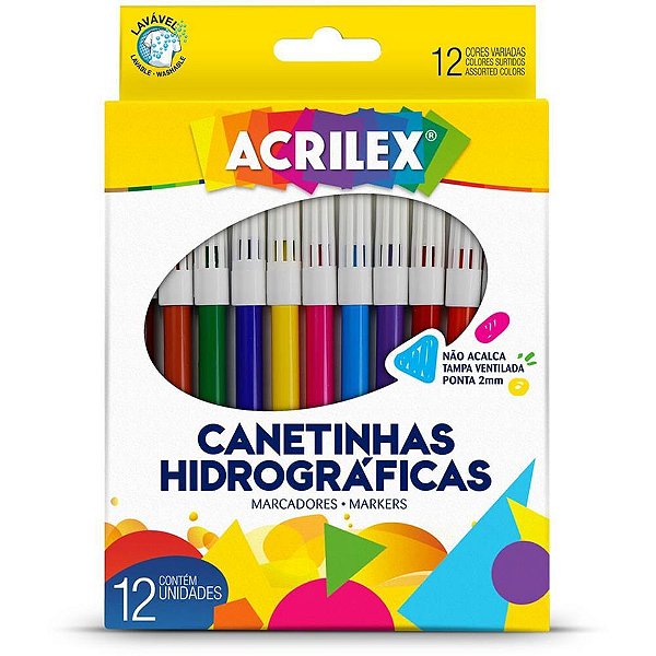 Caneta Hidrográfica Ponta 2MM 12 Cores com Tampa Ventilada - Pacote com 12 Unidades