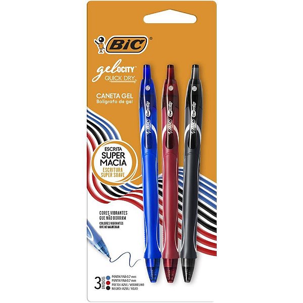 Caneta GEL BIC Gelocity Quick DRY Ponta Fina 0,7MM 3 Cores Blister com 3 Unidades