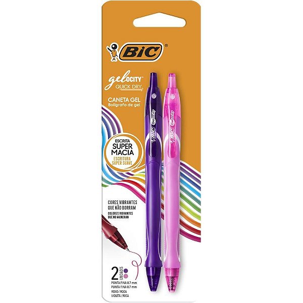Caneta GEL BIC Gelocity Quick DRY Ponta Fina 0,7MM Roxo e Rosa Blister com 2 Unidades