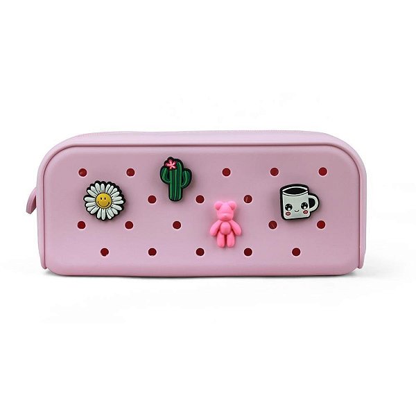 Estojo Simples Silicone com 4 Pingentes Rosa Pastel