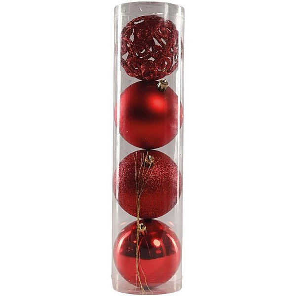 Artigo para Decoração Natal Bola 8CM 4 Modelos Vermelha C/04 Unidades Tubo