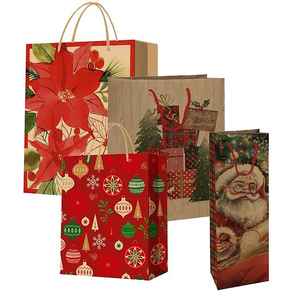 Sacola para Presente Natal KRAFT Decorada 37X12,5X8CM Pacote com 12