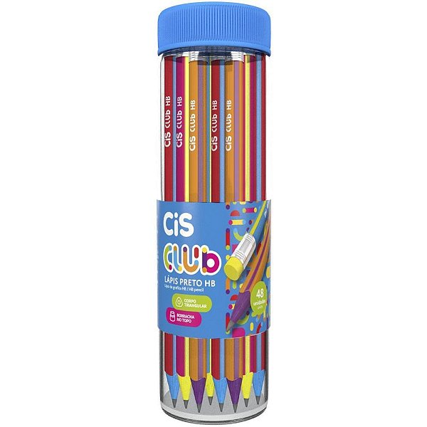 Lápis Preto Triangular CIS CLUB HB com Borracha Sortido Pote com 48