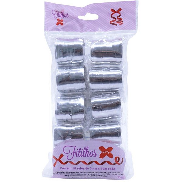 Fitilho 5MMX20M Prata Metalizado Pacote com 10