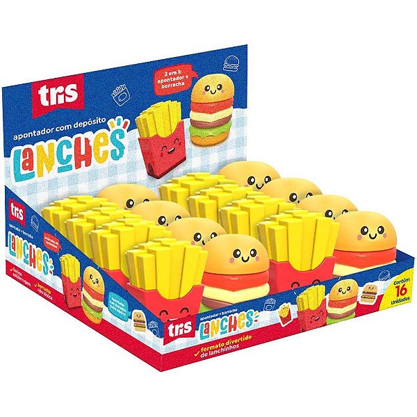 Borracha Colorida TRIS Lanches com Apontador e Depósito - Cores Sortidas - Display com 16