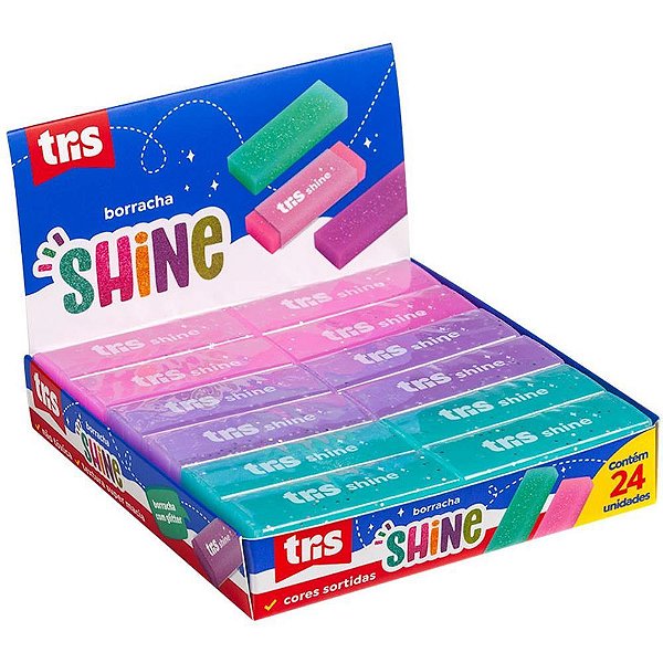 Borracha Colorida TRIS Shine Glitter em 3 Cores Sortidas - Display com 24 Unidades