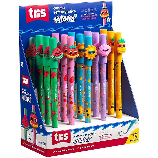 Caneta Esferográfica TRIS Aloha 1.0MM - 5 Modelos Tropicais (display com 15)